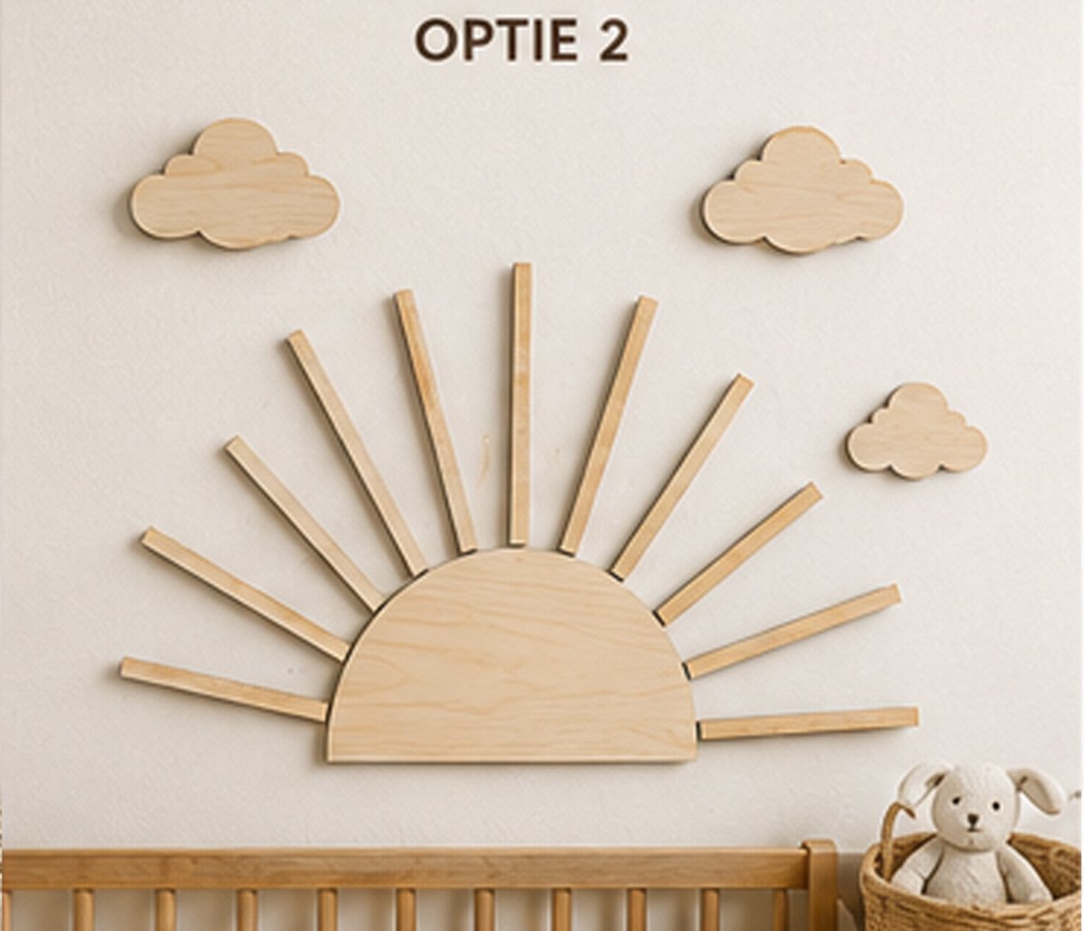 MODEL 02 – HOUTEN ZON MET LOSSE WOLKEN | BOHO WANDDECORATIE BABYKAMER | 40 x 40 CM/ babykamer