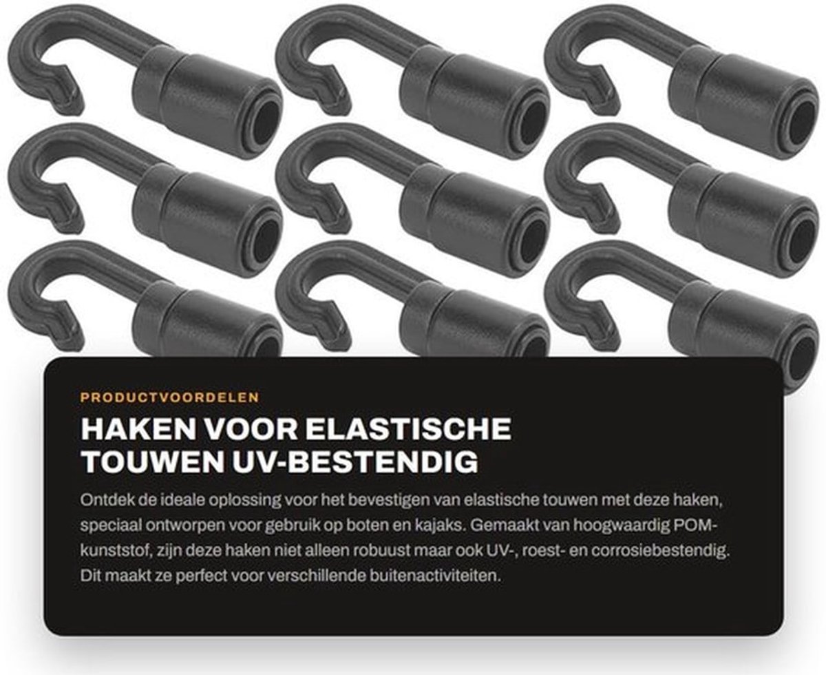 Haken voor elastische touwen - 10 stuks - POM-kunststof - UV- en roestbestendig - Flexibel en robuust - Lichtgewicht en eenvoudig te installeren - Kabelhaak