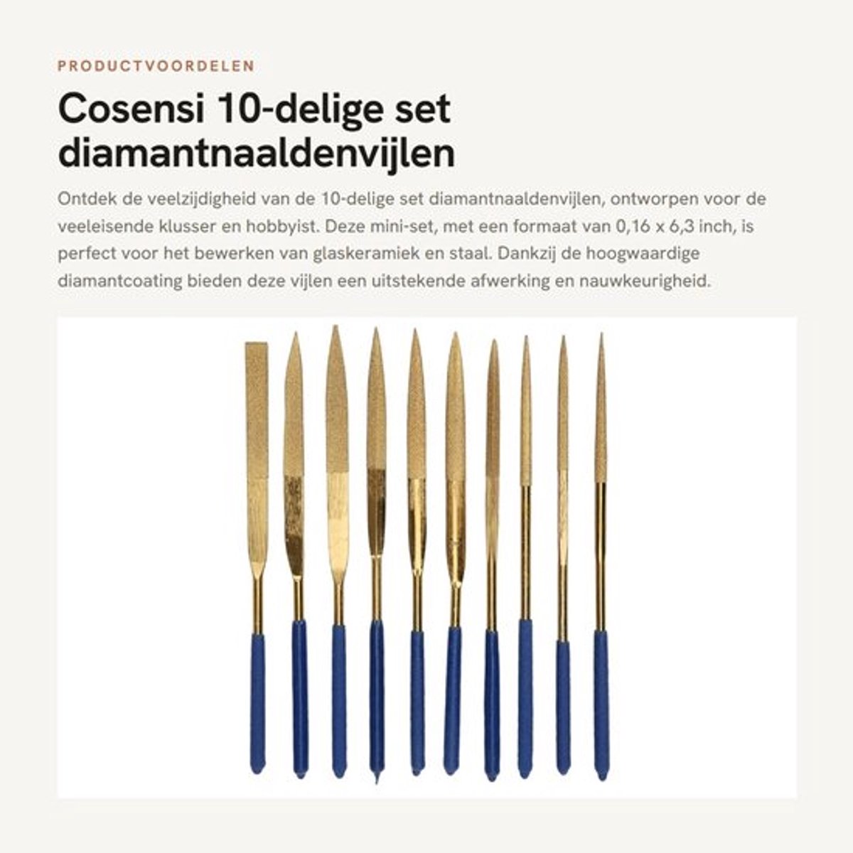 Diamantnaaldenvijlen 10-delige set - Mini-set 0,16 x 6,3 inch - Geplateerd - Voor glaskeramiek - Topkwaliteit en service. - Vijlen