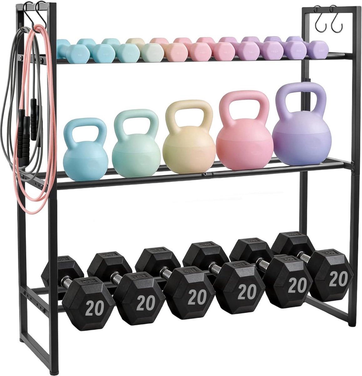 SnelShoppen - Halterstandaard met 3 niveaus en 4 zijhaken - Verstelbare gewichtsstandaard voor halters, kettlebells en medicijnballen - 163 kg draagve