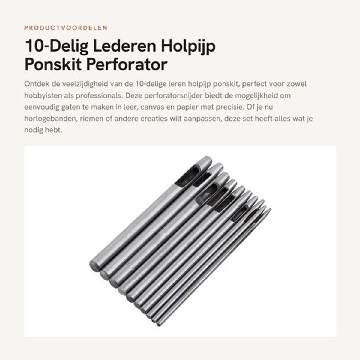 Ponskit 10-Delig - Perforatorsnijder voor Leer/Papier - Stalen Gat 0,5-5mm - Geschikt voor Riem/Canvas - Gewicht 180g - Lengte 10cm - Ponsgereedschap