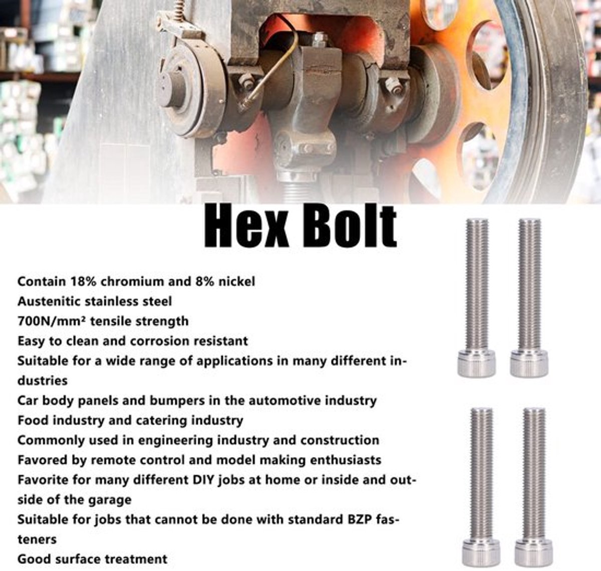 Hex Bout - 4 Stuks - A2 Roestvrij Staal - DIN 912 - Hoofd Diameter 16 mm - Draaddiameter 10 mm - Steek 1,25 mm - Zeskantbout