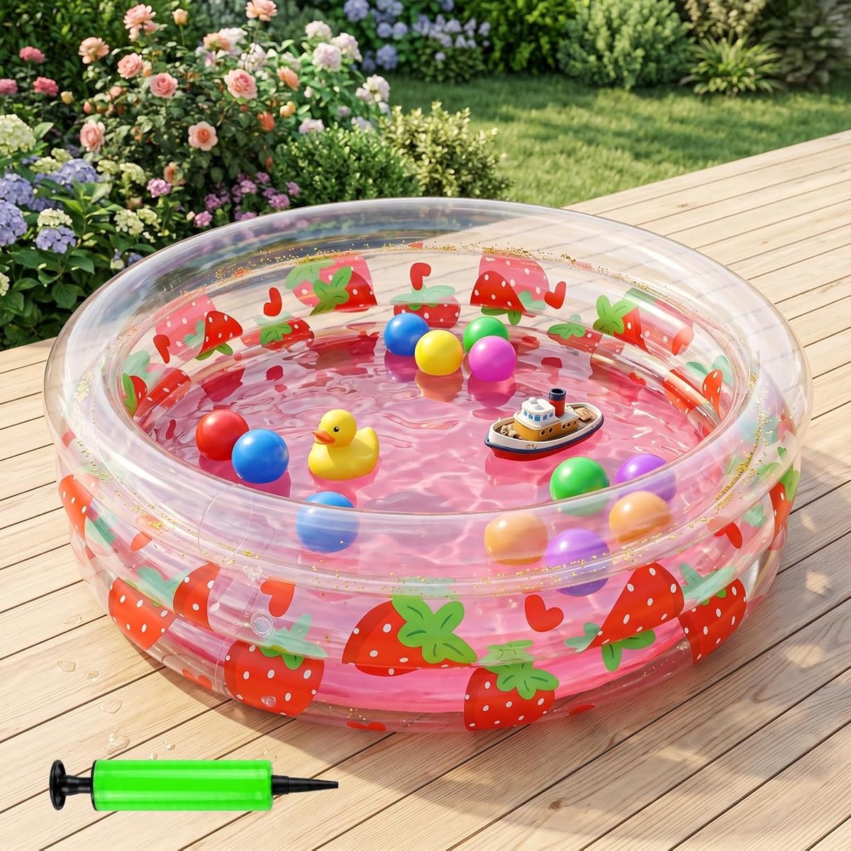 SnelShoppen - Opblaasbaar Kinderzwembad 90 x 25 cm met Aardbeienpatroon en Pailletten, Inclusief Luchtpomp, Ideaal voor Tuin, Balkon, Strand en Badkam