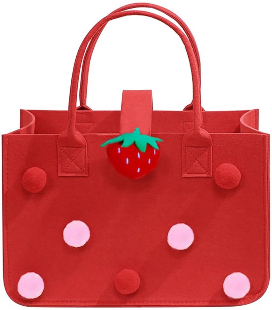 Vilten Tas - Stevig Vilt - 30 x 20 x 18 cm - Boodschappentas - Opbergmand - Met Pompons - Schattige Berenknop