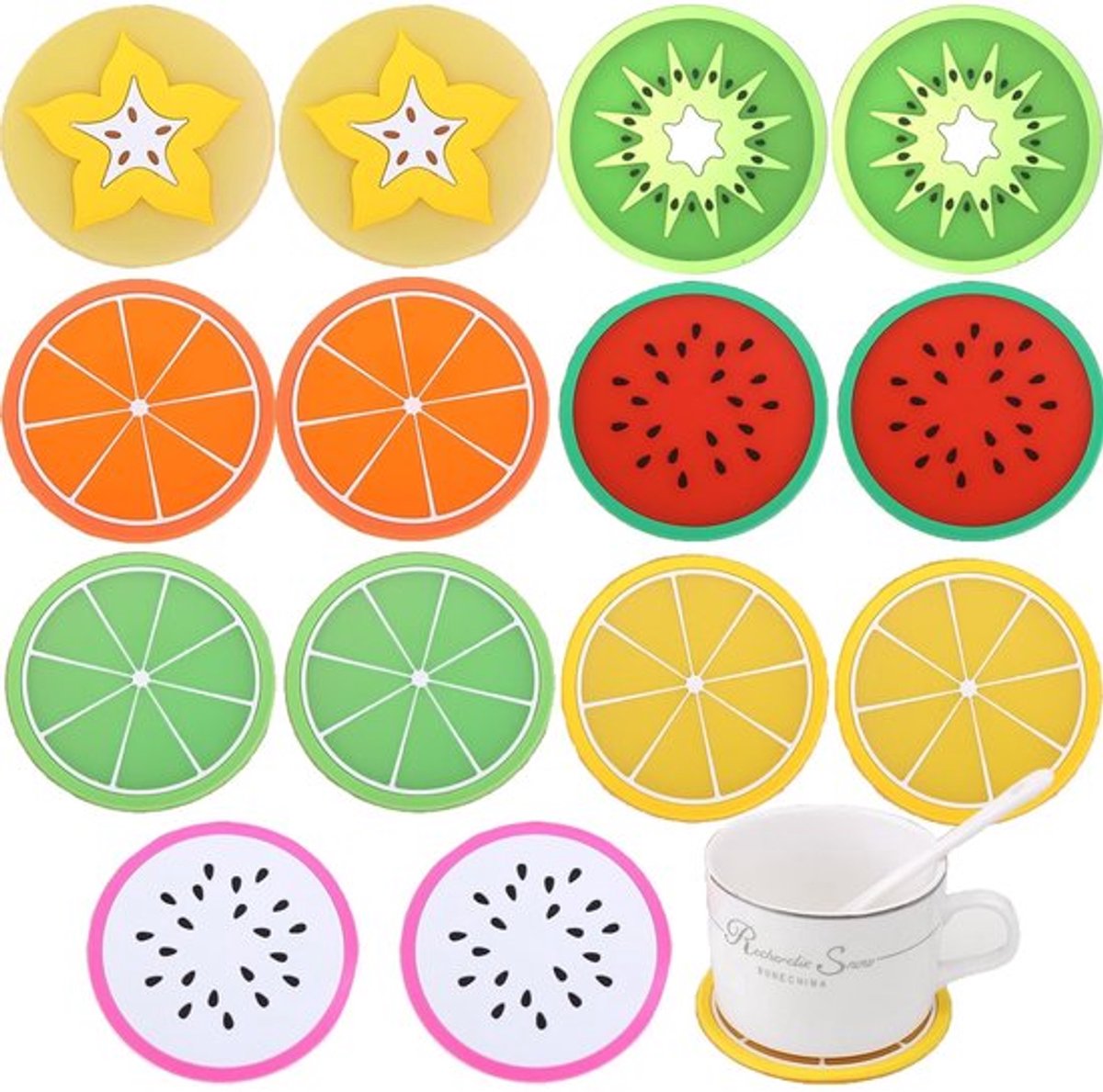 Onderzetters 14 Stuks - Antislip - Fruitonderzetters - Decoratieve Onderzetters - PVC Materiaal - Diameter 8,5 cm - Drankonderzetters