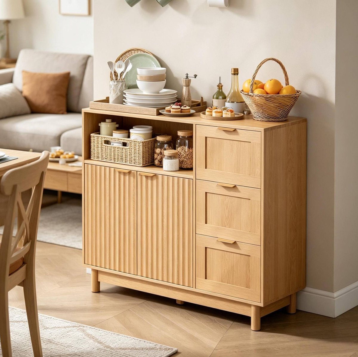 DESMIU Keukenkast - Sideboard Met 3 Laden En Deurkast - Opberger Voor Keuken En Woonkamer - MDF En Spaanplaat - 90x35x80 Cm - Houtkleur