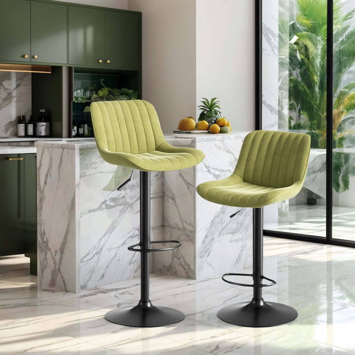 COVREO Barkruk set van 2 verstelbaar 87 tot 109 cm groen velvet met rugleuning en draaifunctie