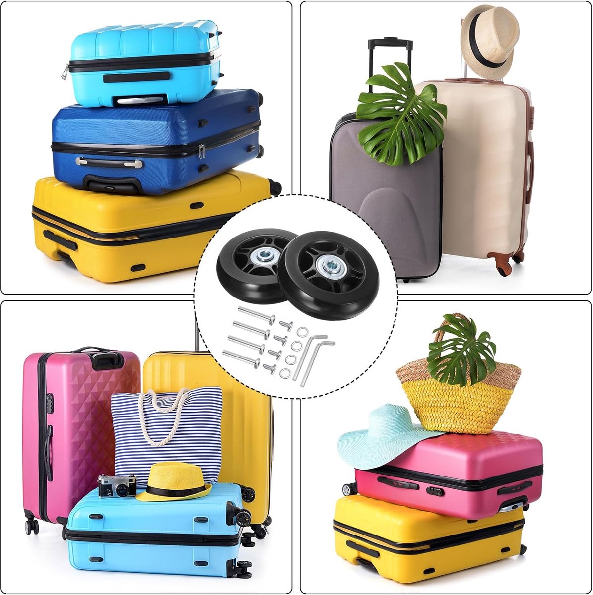 SnelShoppen - Vervangwielen voor Koffers 70mm - Gummi Schwenkrollen met Kugellager - Reparatieset voor Suitcase Inline Skate - Set van 2 - Zwart