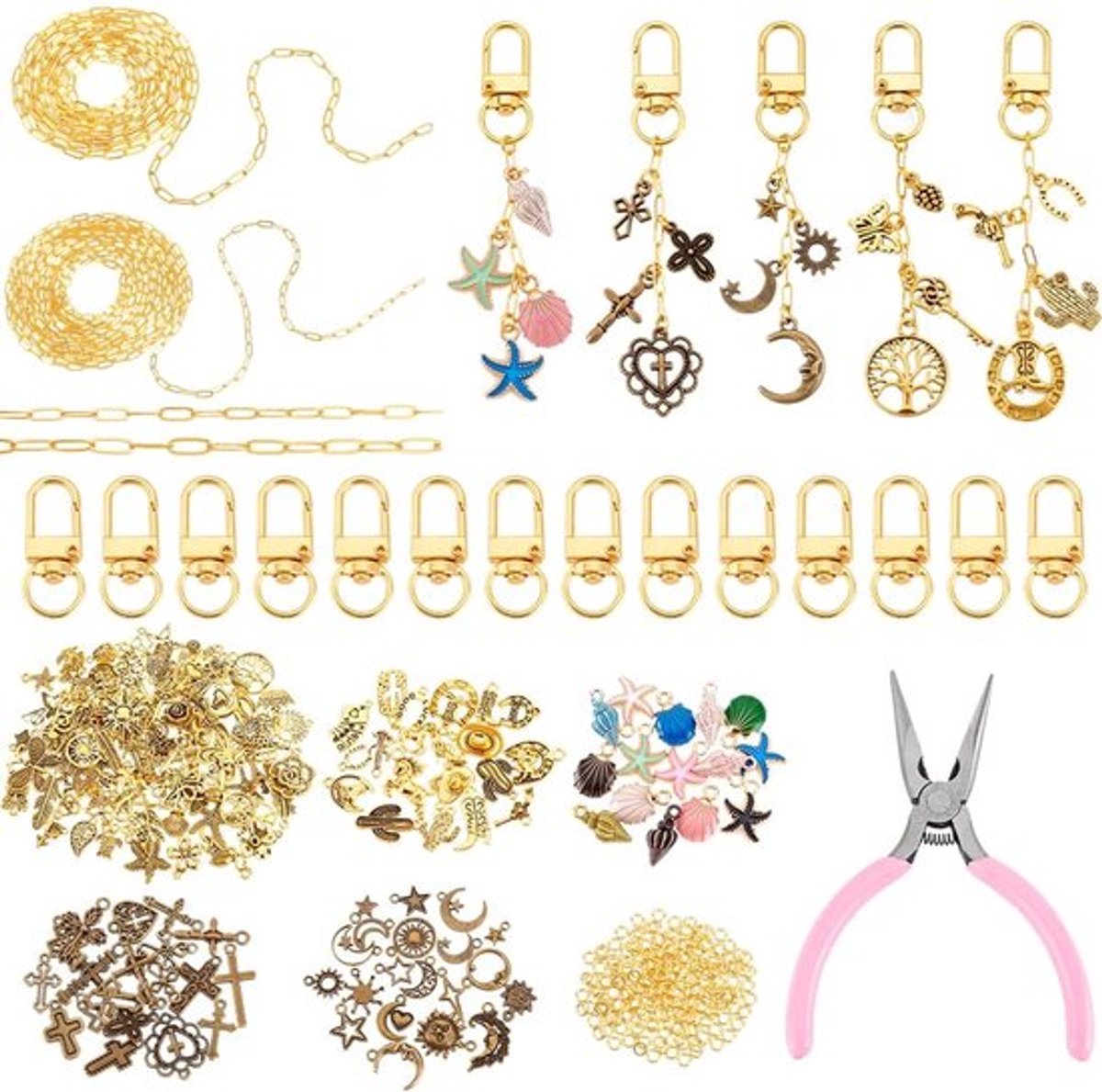 Sleutelhangers 408-delige set - Draaibare clips - Kettingen voor paperclips - Verbindingsringen - Tangen voor knutselen - Metaallegering en messing - Knutselset