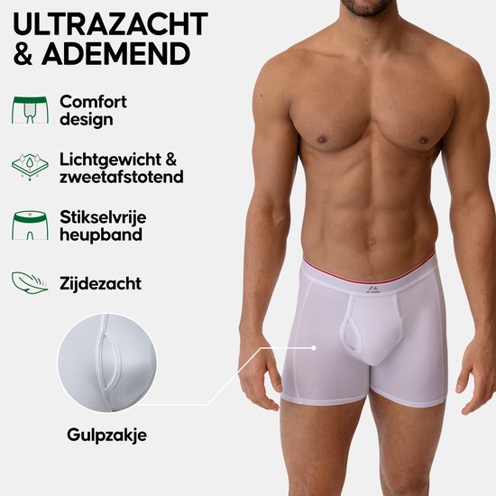 Man met witte boxer, met een gulletje en comfortabele, naadloze heupband.