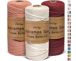 OurTop Premium macramégaren, set van 3 stuks, 3 mm x 100 m, macramékoord, macramékoord, garen voor doe-het-zelf - ShopVlot
