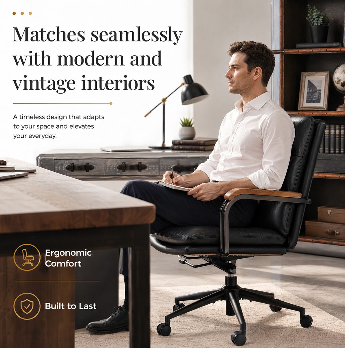 OKWISH Bureaustoel - Ergonomisch En In Hoogte Verstelbaar - 360 Graden Draaibaar Voor Thuiswerkplek Of Kantoor - Leer En Metaal - Zwart