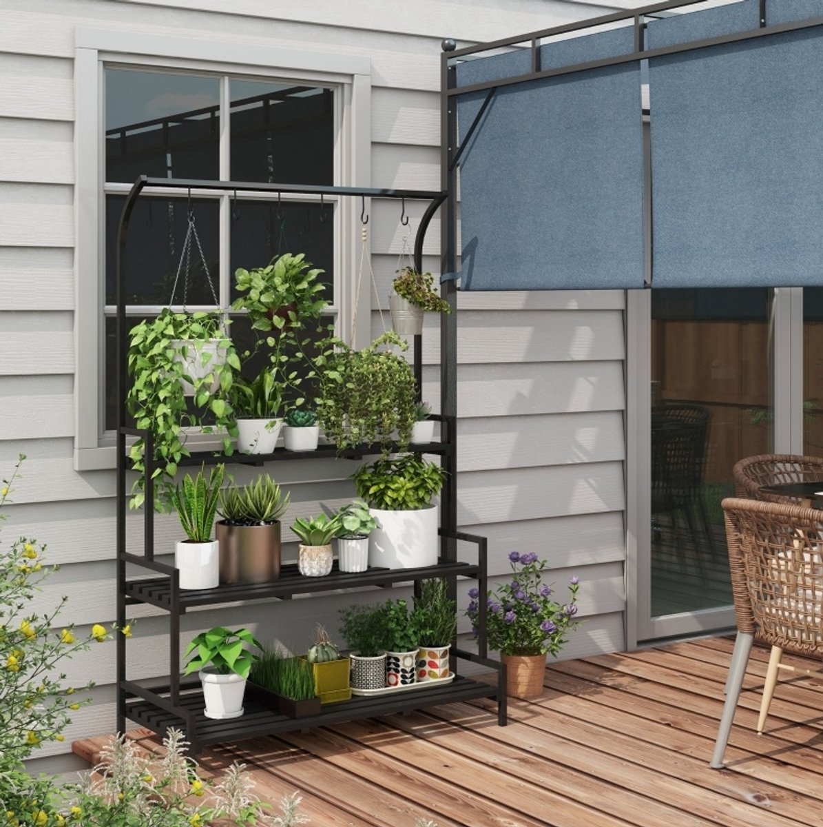 HAUSS SPOLE Plantenrek – 3 Etages Met 6 Haken – 110 x 50 x 170 cm – Metaal En Hout – Zwart – Voor Binnen En Buiten – Ruimtebesparend