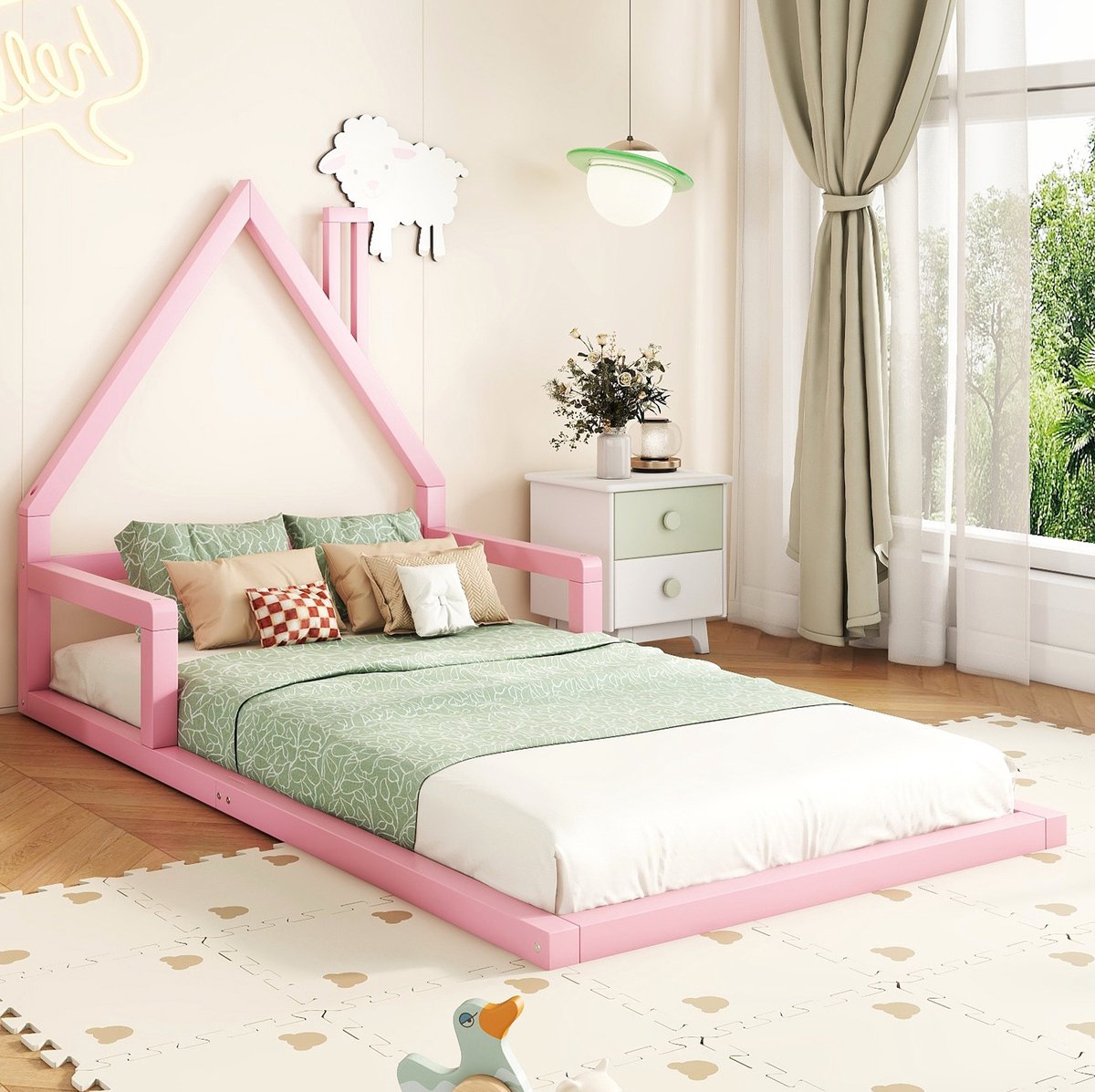 COVREO Kinderbed 209x99x107 cm – roze, hout en MDF, huisvorm voor matras 90x200 cm