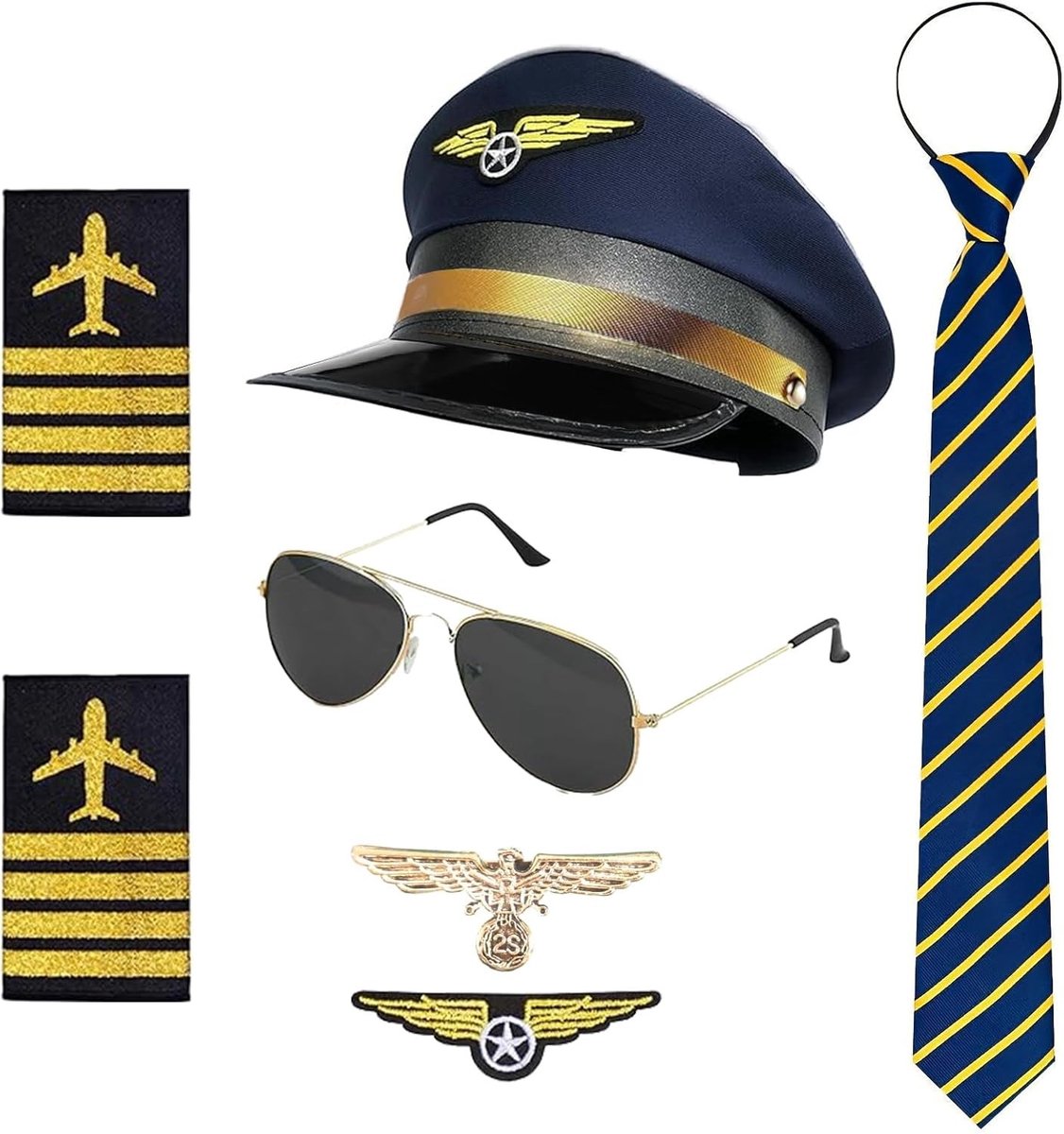 Kostuumaccessoires voor Piloten, Complete Set met Epauletten en Aviator Hoed voor Feestjes en Carnavalskleding voor Mannen en Volwassenen (Blauw)