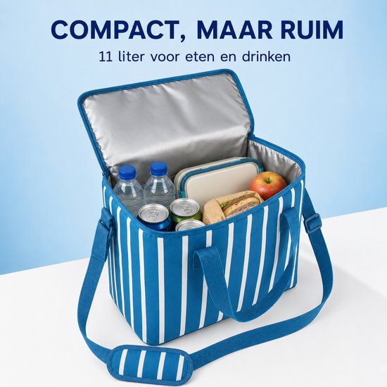 Compacte Koeltas - 30 x 15 x 25 cm - 11 Liter - Met 2 Handvatten En Een Verstelbare Schouderriem - Blauw & Wit van Merkloos — afbeelding 4
