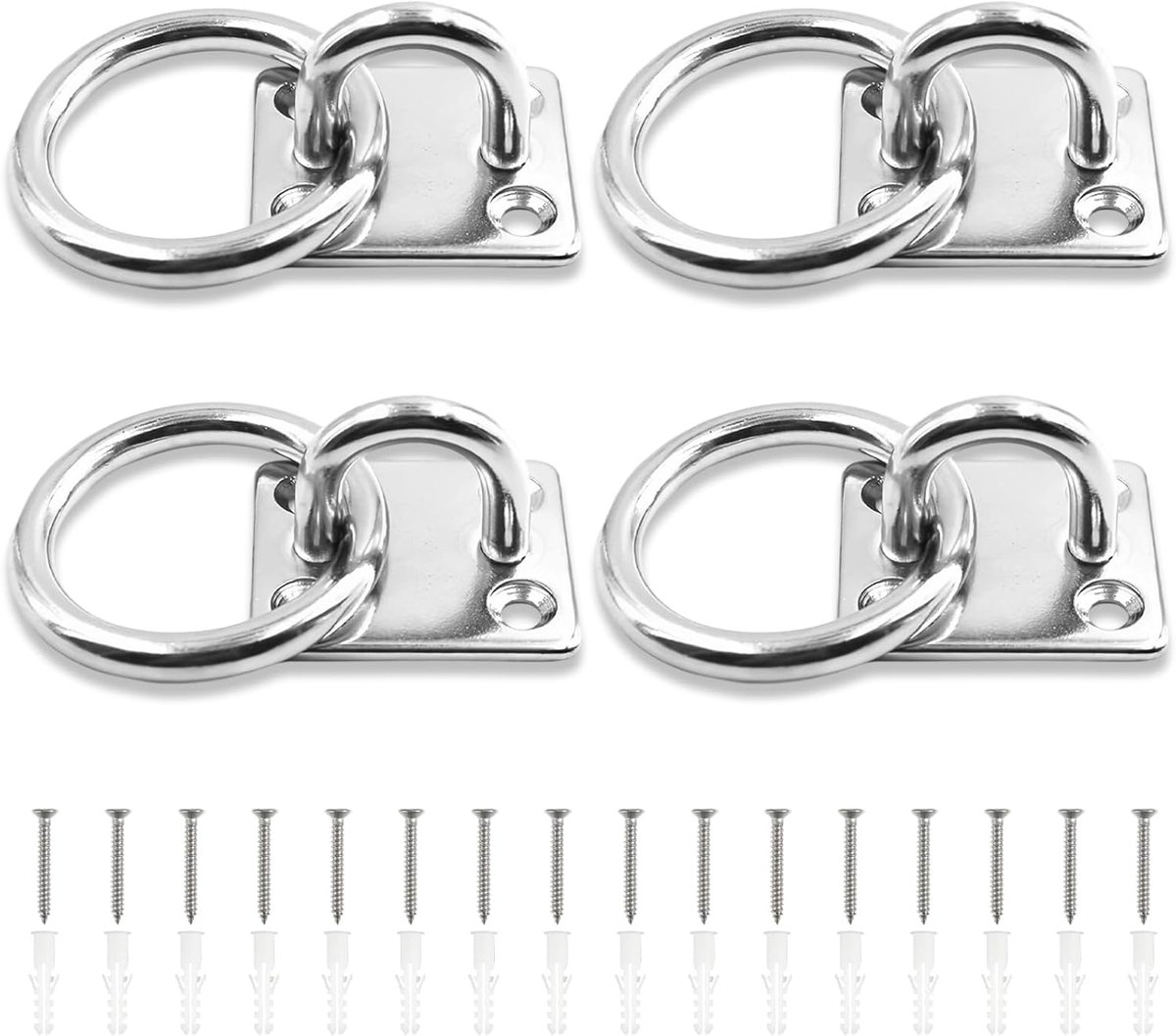 SnelShoppen - 4 Stuks Oogplaten met Oog, 304 RVS Verbinder, Oogplaat Draaddiameter 6 mm, Vierkante Oogplaat met Ring, Voor Paardenstal, Yogakamer, Gym