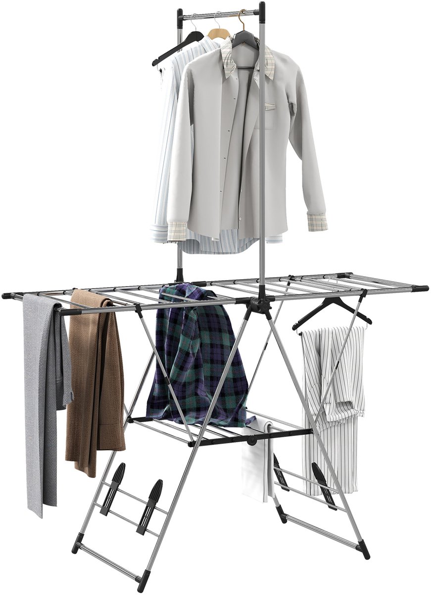 Opvouwbaar verticaal droogrek - Verstelbare vleugels - 4 schoenenhouders - Inclusief stang en plank - Afmetingen 139x62,5x201 cm - Zilver
