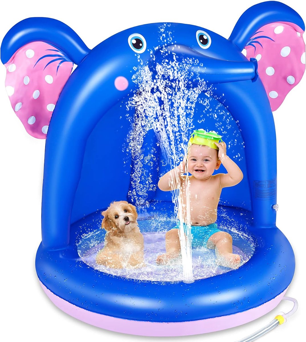 SnelShoppen - Opblaasbaar Babyzwembad met Luifel, Schaduw, Extra Zachte Bubbelbodem, Sproeier, Spatwaterspray, Waterplezier voor Kinderen, Olifant Des