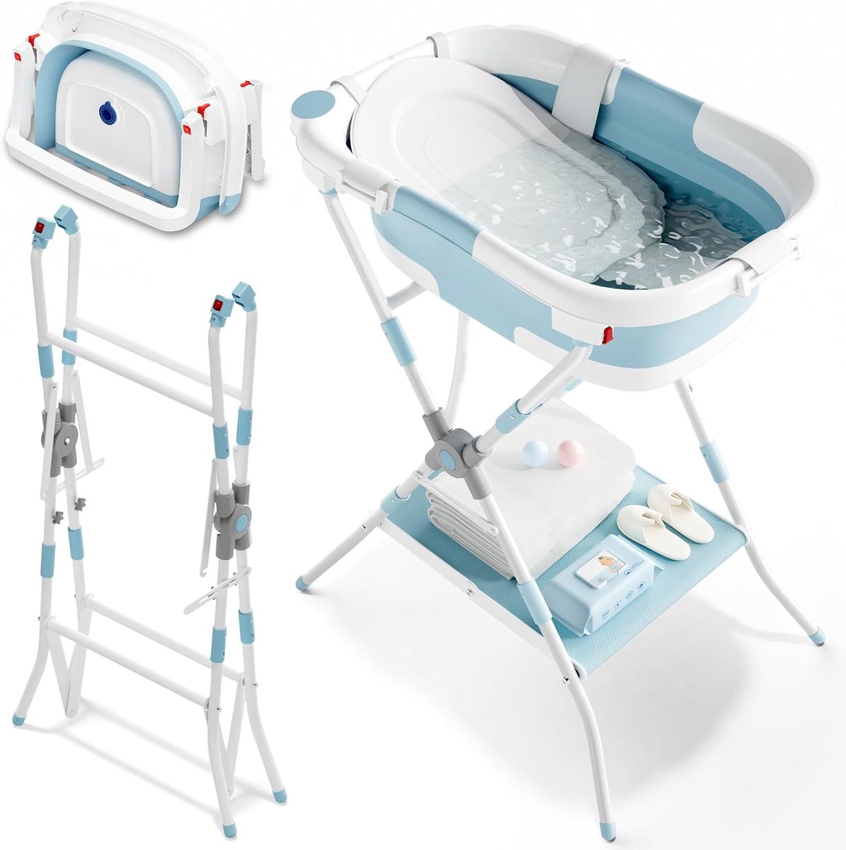 SnelShoppen - 2-in-1 Babybad met Frame - Opvouwbare Badkuip voor Baby's met Badsteunnet - Geschikt voor Pasgeborenen tot Peuters - Multifunctioneel en