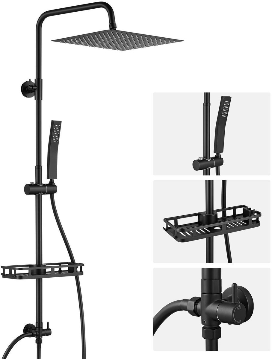 DERW Max Douchesysteem - XXL Ø 30 cm Regendouche - RVS Douche Set - Met Plankje - Verstelbare Hoogte 72-110 cm - Zwart
