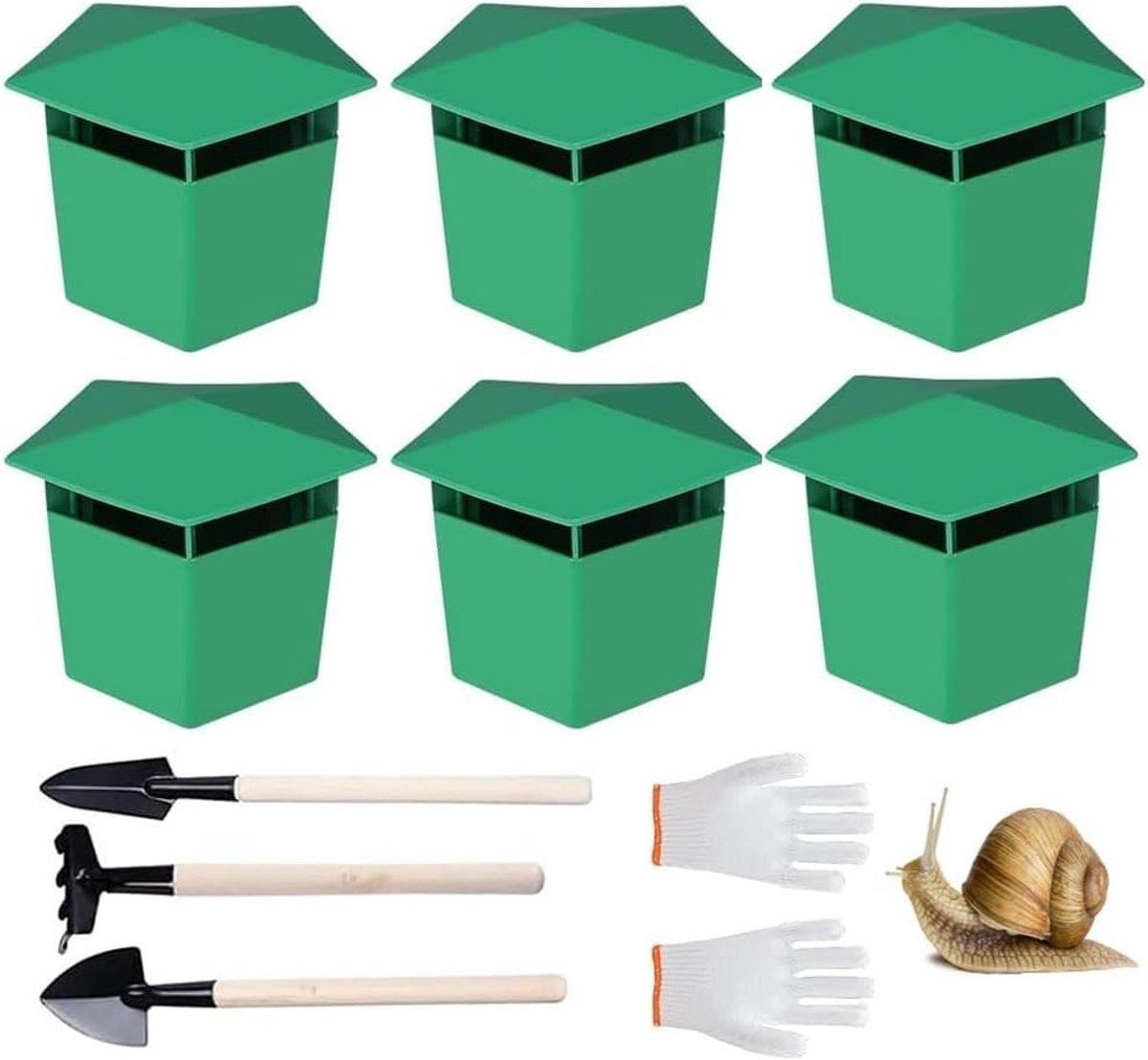 SnelShoppen - Snail Traps Set van 6 Stuks, Organische Slakkenvangers met Dak - Chemievrije Slakkenvangers voor de Tuin, Inclusief Graafgereedschap en