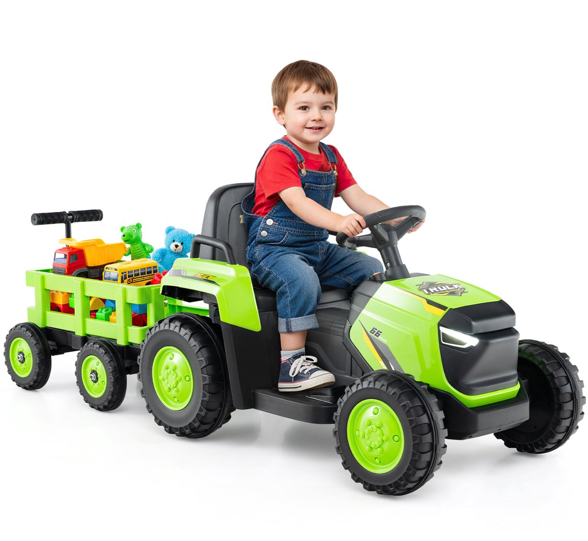 COSTWAY Elektrische Tractor met Aanhangwagen 12 V Kindertractor Elektrisch met 2,4 G Afstandsbediening, Zittractor met Hoorn, Muziek, LED-Lampen en Bluetooth, Elektrische Tractor voor Kinderen vanaf 3