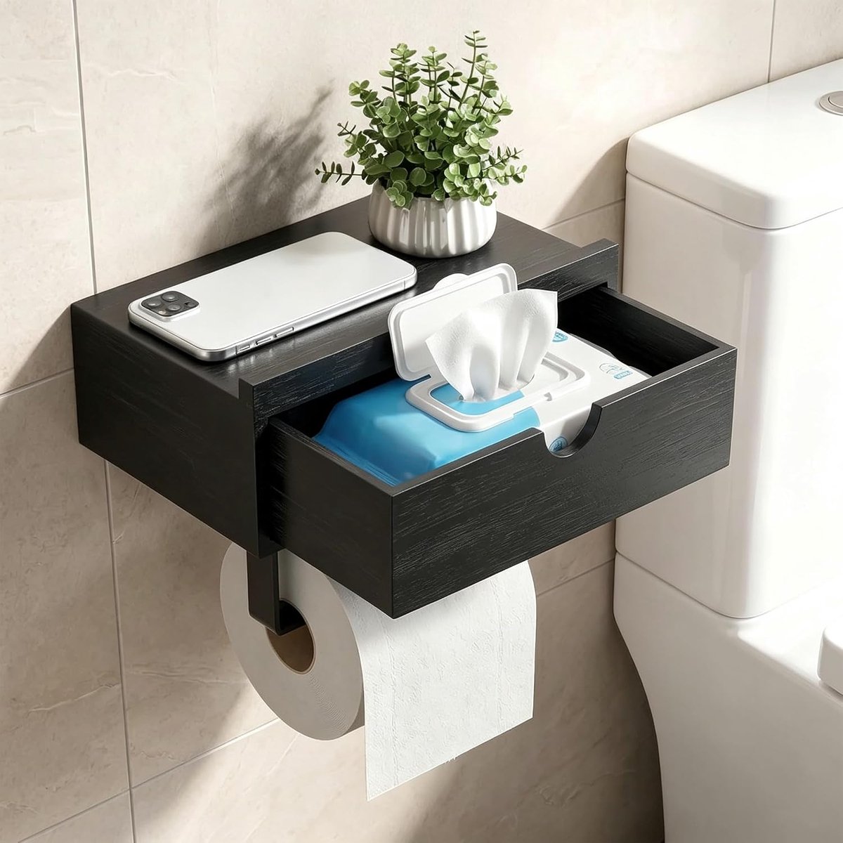 SnelShoppen - WC-papierhouder Zonder Boren - Toiletpapierhouder Hout Zwart met Opbergplank - Praktische Toiletpapierhouder & Natdoekjesdoos voor Badka