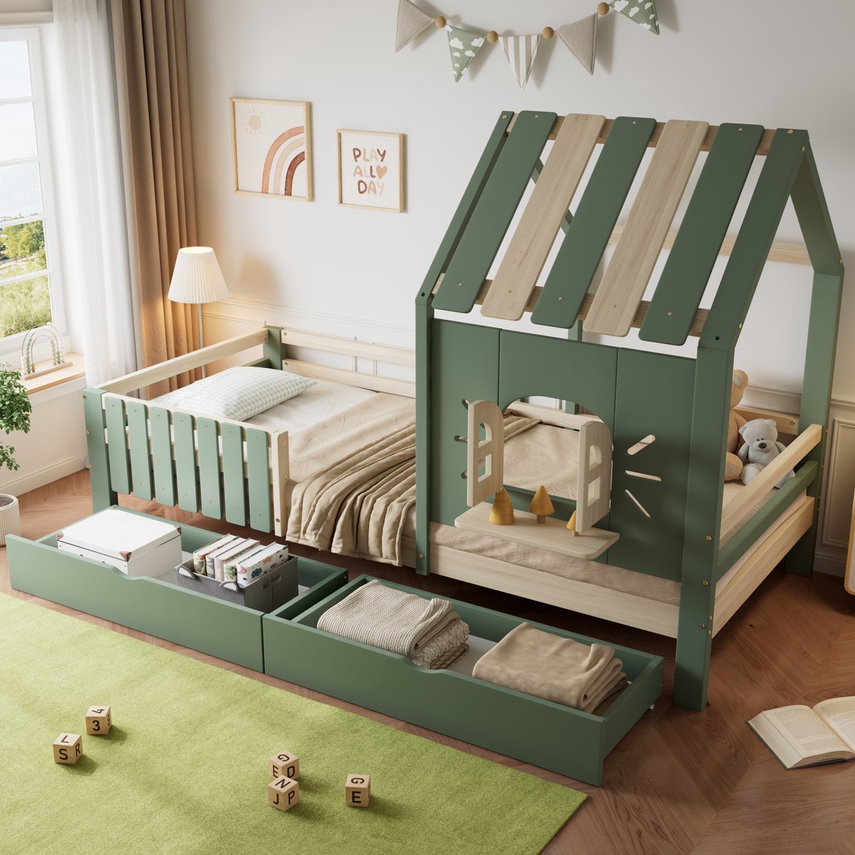 COVREO Bed 90x200 cm groen naturel met dak en 2 lades zonder matras