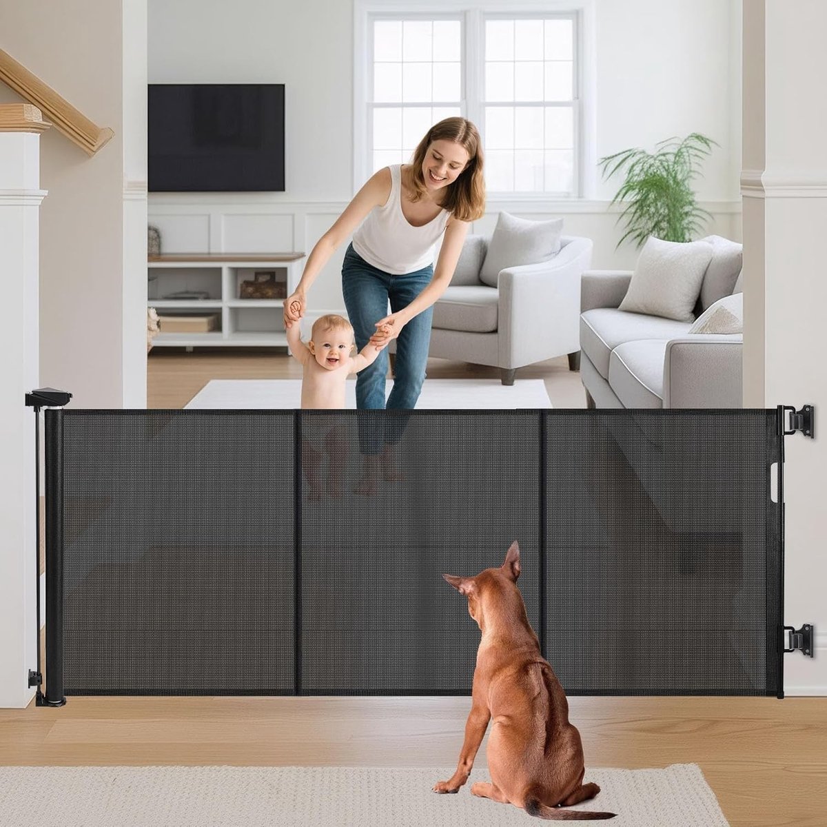 Intrekbaar veiligheidsrooster voor kinderen en honden, 1,5 m - 3 m, glasvezelversterkt, ideaal voor kleine en grote huisdieren, zwart
