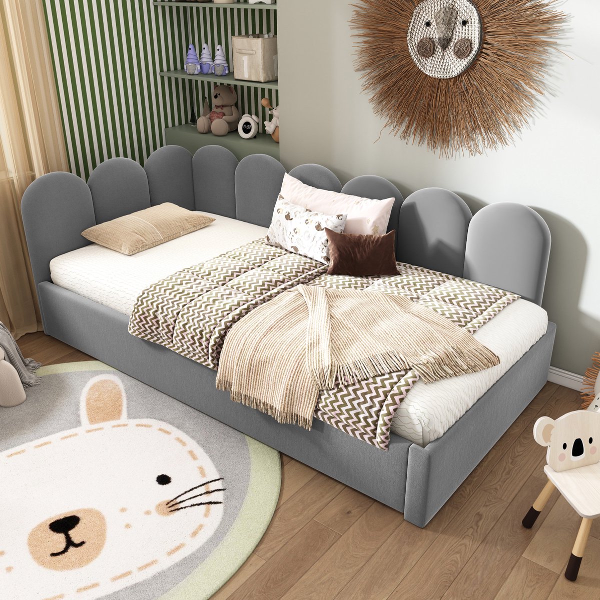 COVREO Bedbank 90x200 cm, grijs samt met uitrolbed, zonder matras