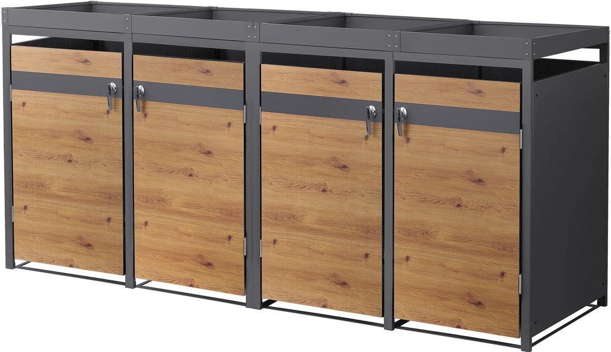 ML-Design vuilnisbakbox voor 4 afvalemmer 240L 264x80x124 cm antraciet eiken look staal weerbestendig afsluitbaar vuilnisdeksel met scharnierend deksel en deur vuilnisbakcontainer voor buiten tuinbak huis uitschuifbaar robuust design