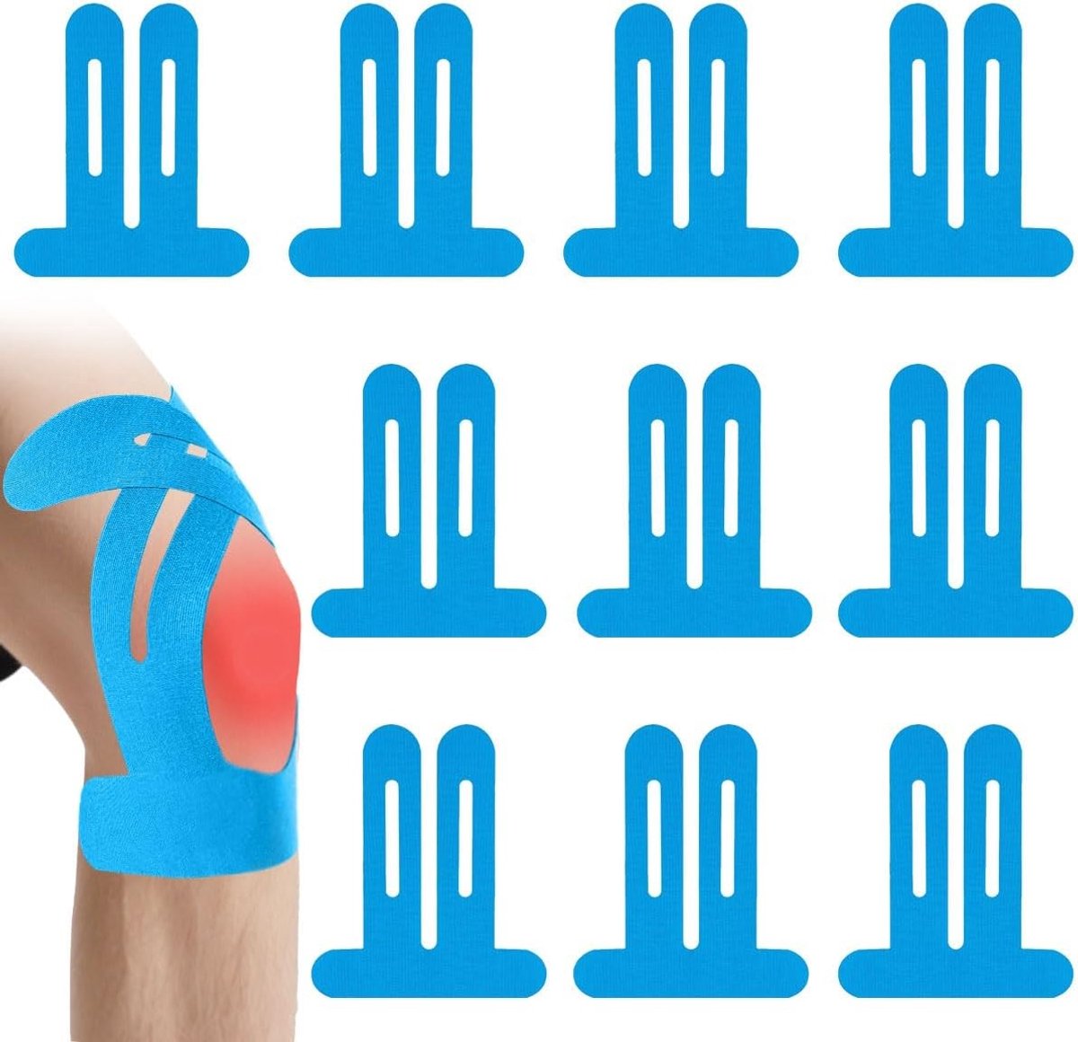 Voorgesneden Kinesiotapes voor Spierondersteuning, 10 stuks, Waterdicht, Elastisch en Ideaal voor Kniepijnverlichting (Blauw)