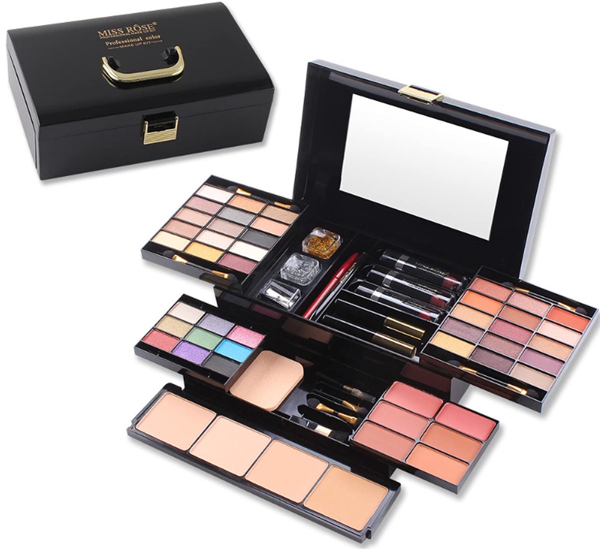 Professionele Make-up Set met 39 Oogschaduws, 6 Blush Kleuren en 4 Compacte Poeders voor een Complete Gezichtsmake-up met Spiegel, Zwart