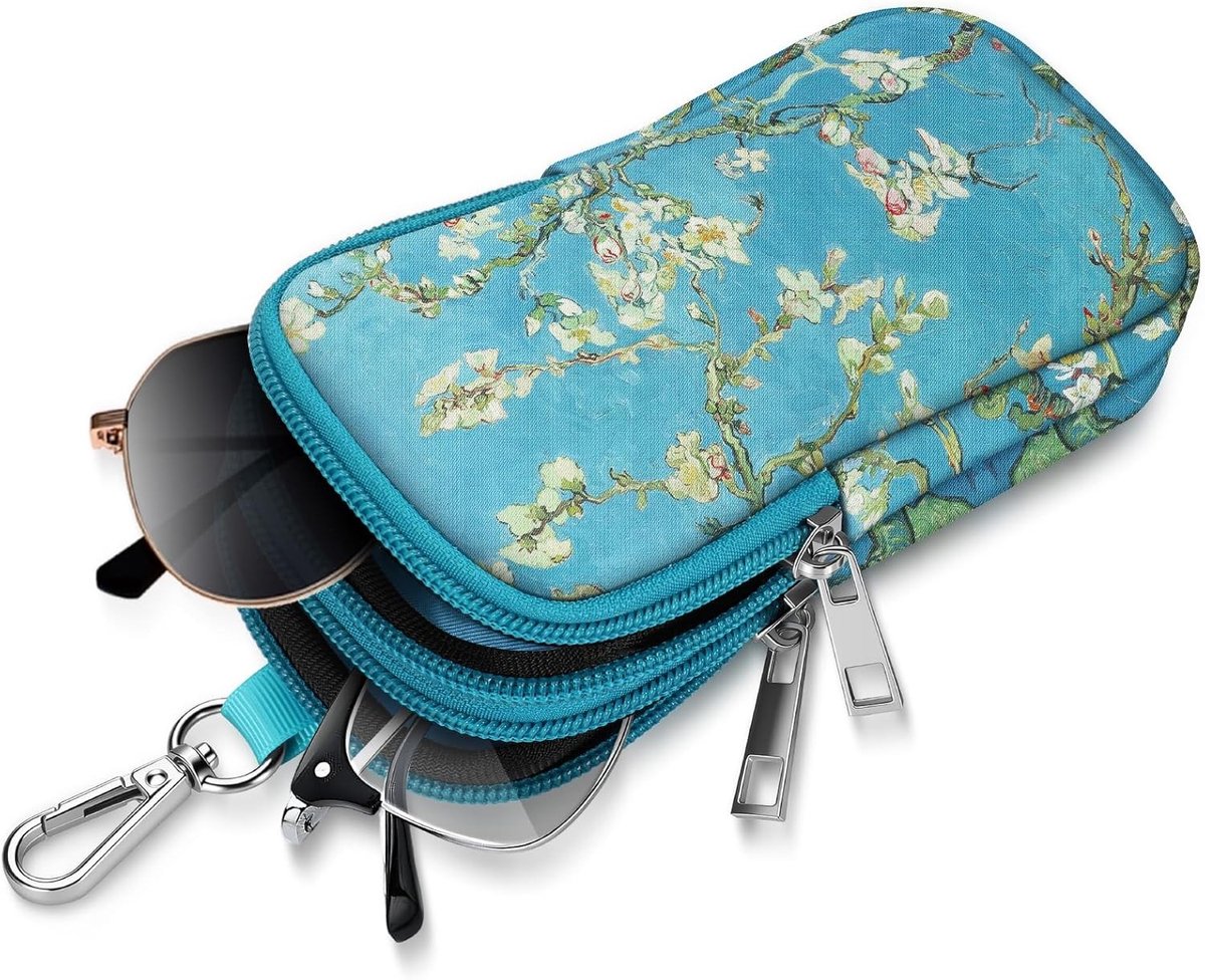 Dubbele brillenkoker voor zonnebrillen en brillen, zacht neopreen etui met karabijnhaak, ideaal voor bescherming en transport van brillen