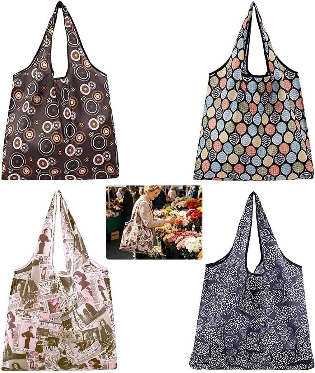 Vouwbare boodschappentassen met schattige bloemen, ideaal voor dagelijkse boodschappen, supermarktbezoeken en kampeertochten