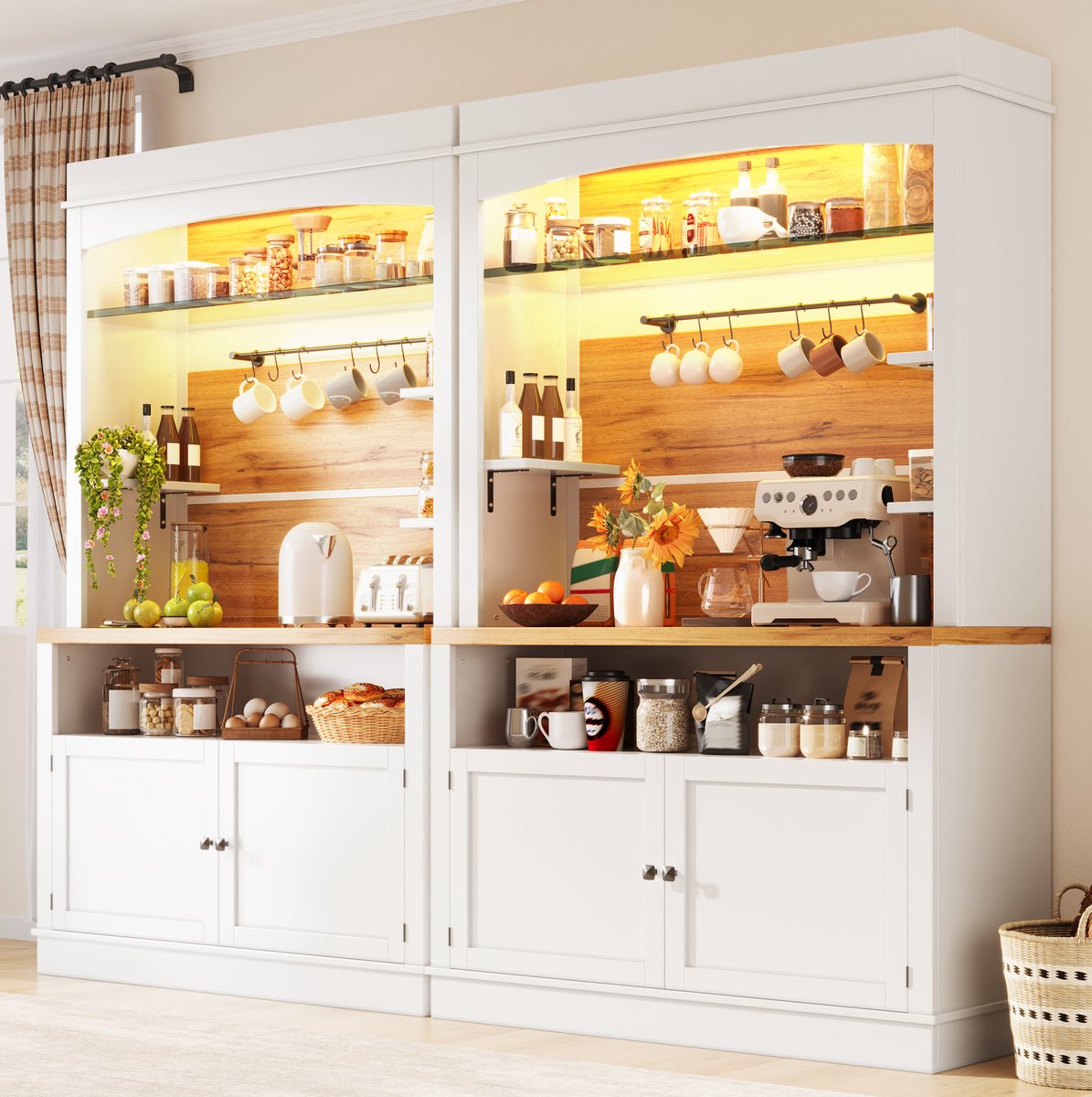 DESMIU Keukenkast - Set Van 2 Hoge Opbergkasten Met Ledverlichting - Met Glasplank En Haakrail Voor Keuken En Eetkamer - MDF En Metaal - 107x34x184 Cm - Wit