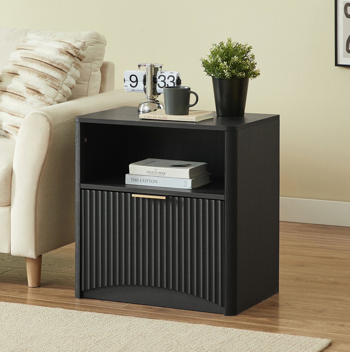 DESMIU Nachtkastje - Geribbeld Design Met Open Vak En Lade - Compact Voor Slaapkamer En Woonkamer - Spaanplaat En Metaal - Zwart - 58x38x60 Cm