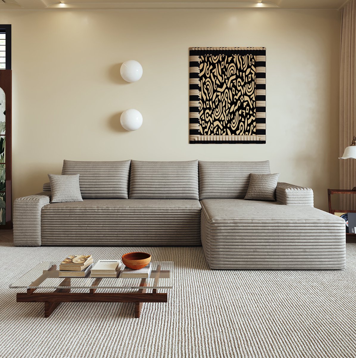 OKWISH Hoekbank 270 Cm - 3-Zits Modulair Met L-Vormige Chaise Longue - Zonder Montage Voor Woonkamer Of Slaapkamer - Ribstof - Camel