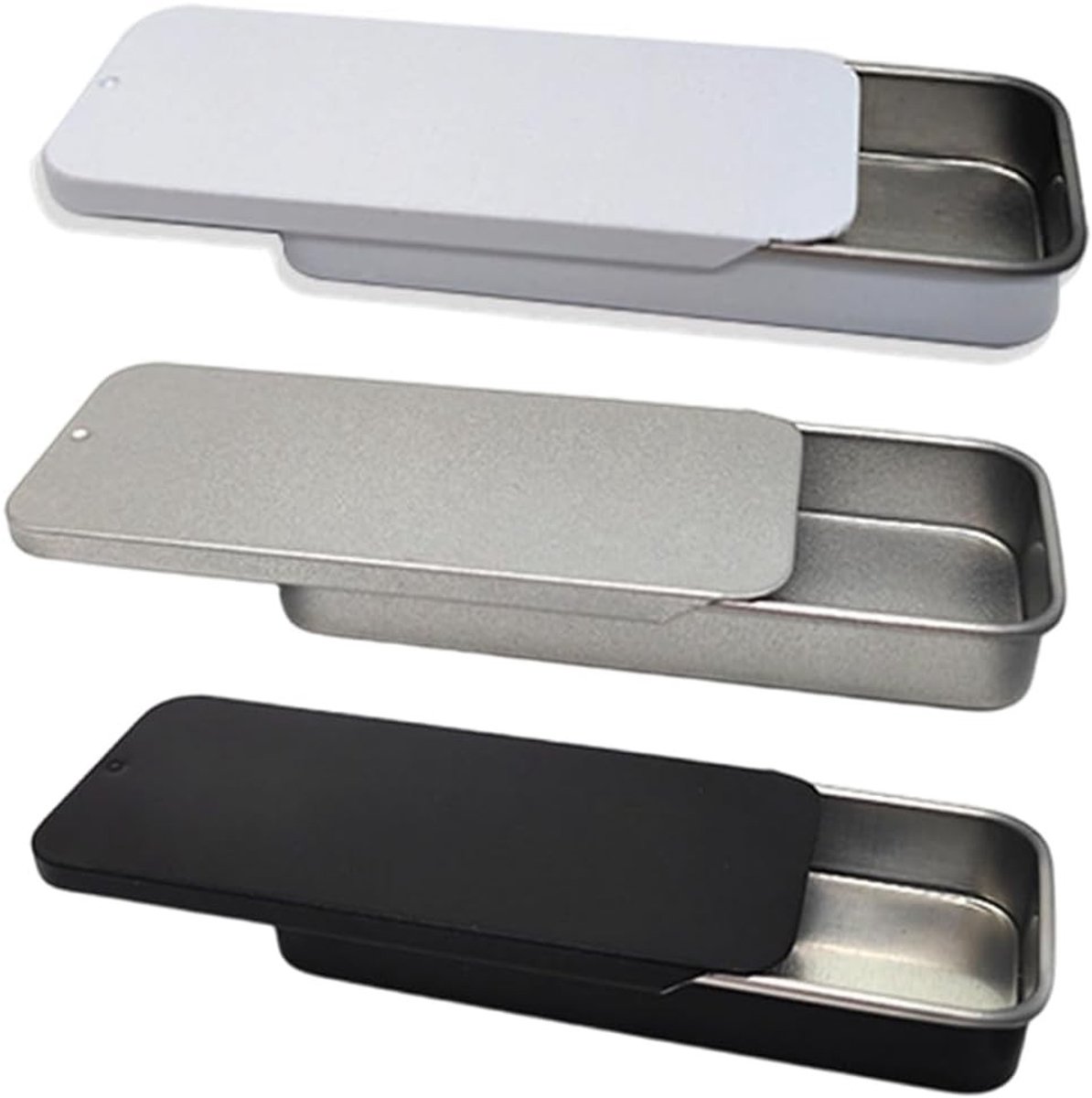 Set van 3 metalen opbergdozen met schuifdeksel voor wattenstaafjes, tandenstokers en reisaccessoires in zwart, wit en zilver