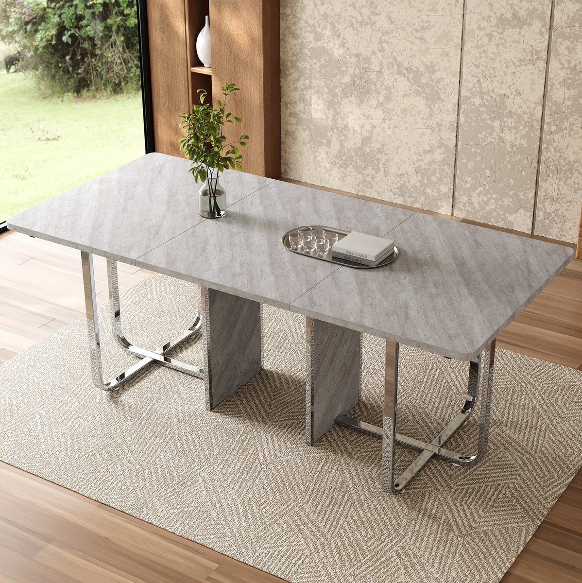 MEUNIQ eettafel 180 x 80 x 75 cm rechthoekig met grijs MDF tafelblad en zilverkleurige metalen poten, modern voor eetkamer en dagelijks gebruik