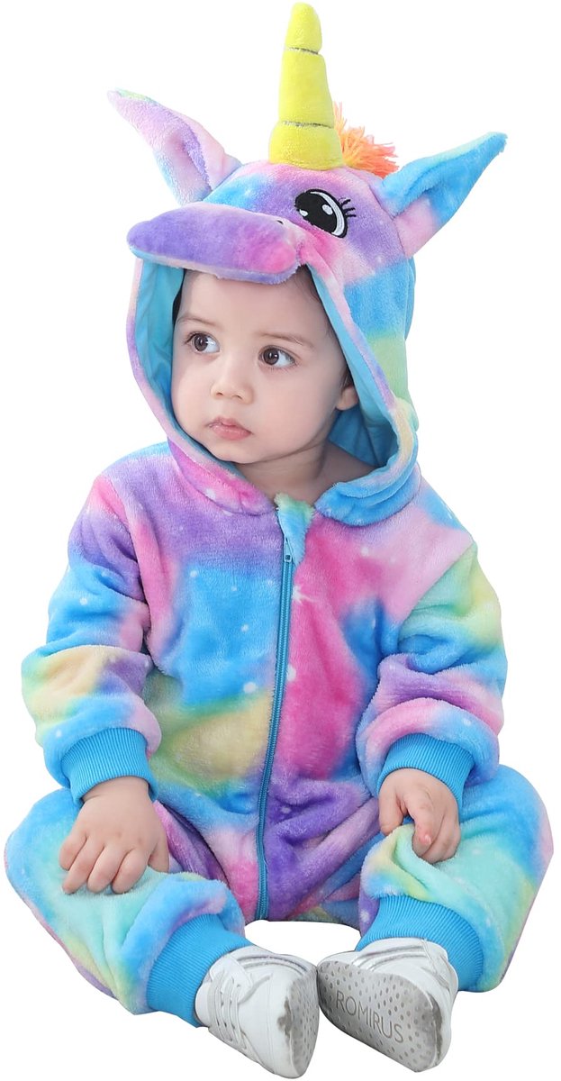 SnelShoppen - Flanel Dier Hooded Eenhoorn Rompertjes voor Baby Jongens en Meisjes, Peuters Jumpsuits, Veelkleurige Outfit voor 3-6 Maanden, Perfect vo