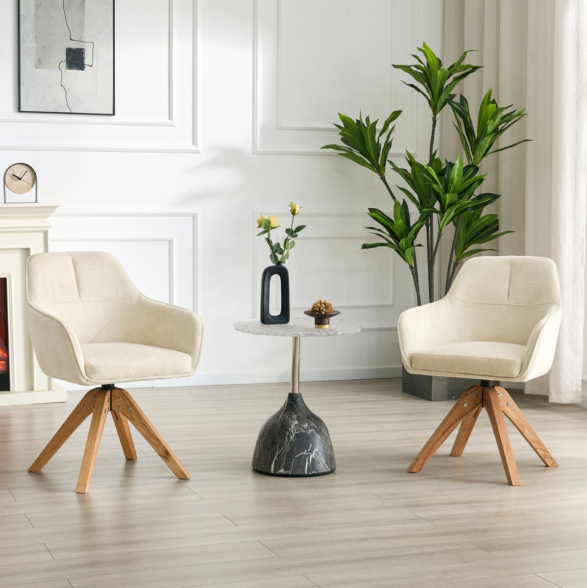 MEUNIQ 360° draaibare eetkamerstoel met armleuningen, stoffen zitting, ergonomische rugleuning en houten poten, set van 2, wit, voor eetkamer Beige