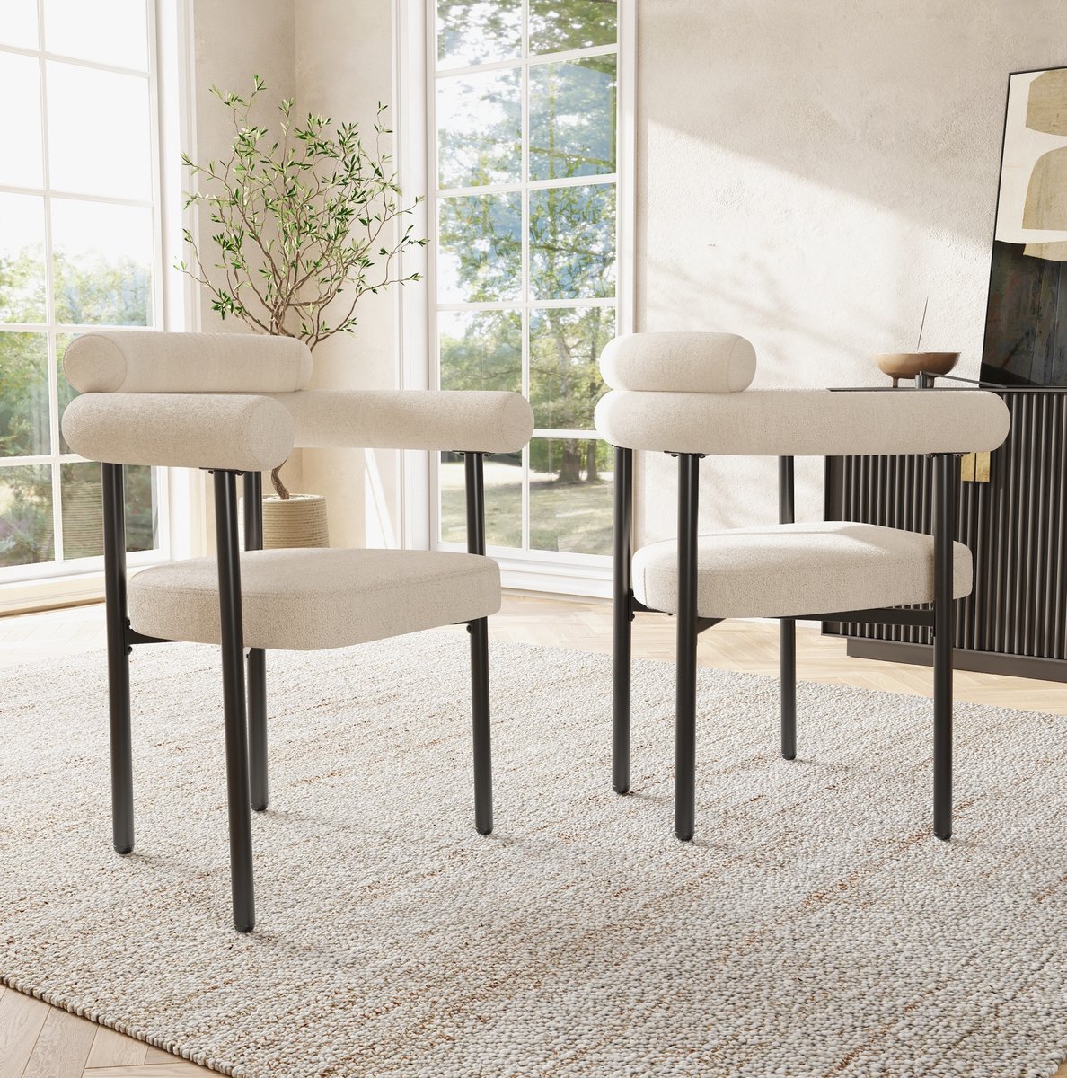 MEUNIQ set van 2 eetkamerstoelen beige met armleuningen, gestoffeerde zitting van stof, metalen onderstel, voor eetkamer, woonkamer en werkkamer
