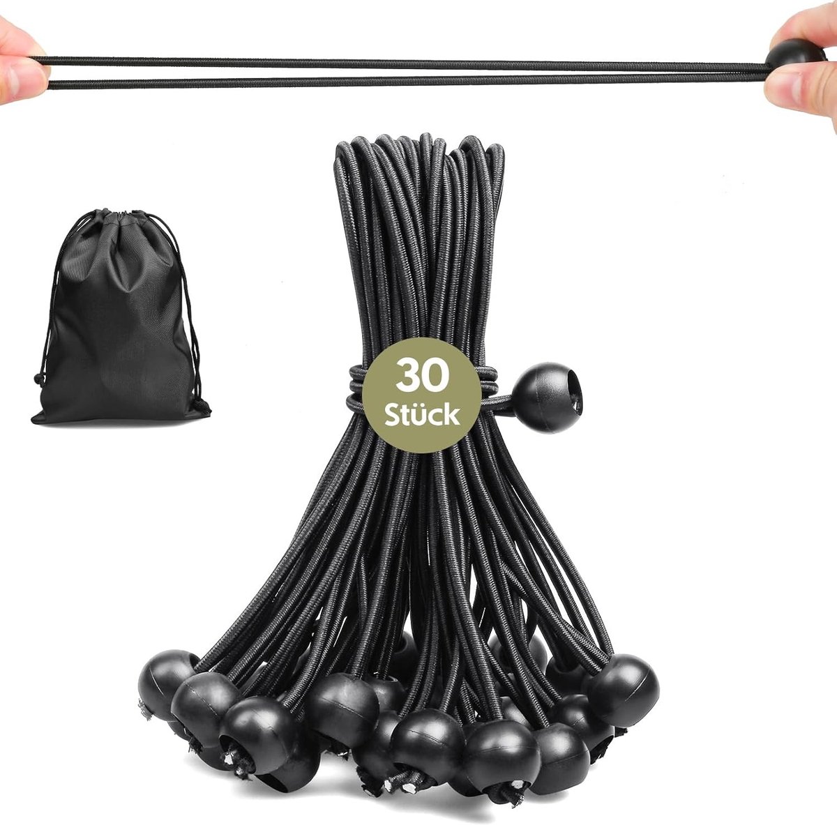 Pack van 30 zwarte rekbare rubberen koorden van 20 cm met bal, waterdicht en UV-bestendig, ideaal voor het vastzetten van zeilen, tenten en opslagdoeleinden