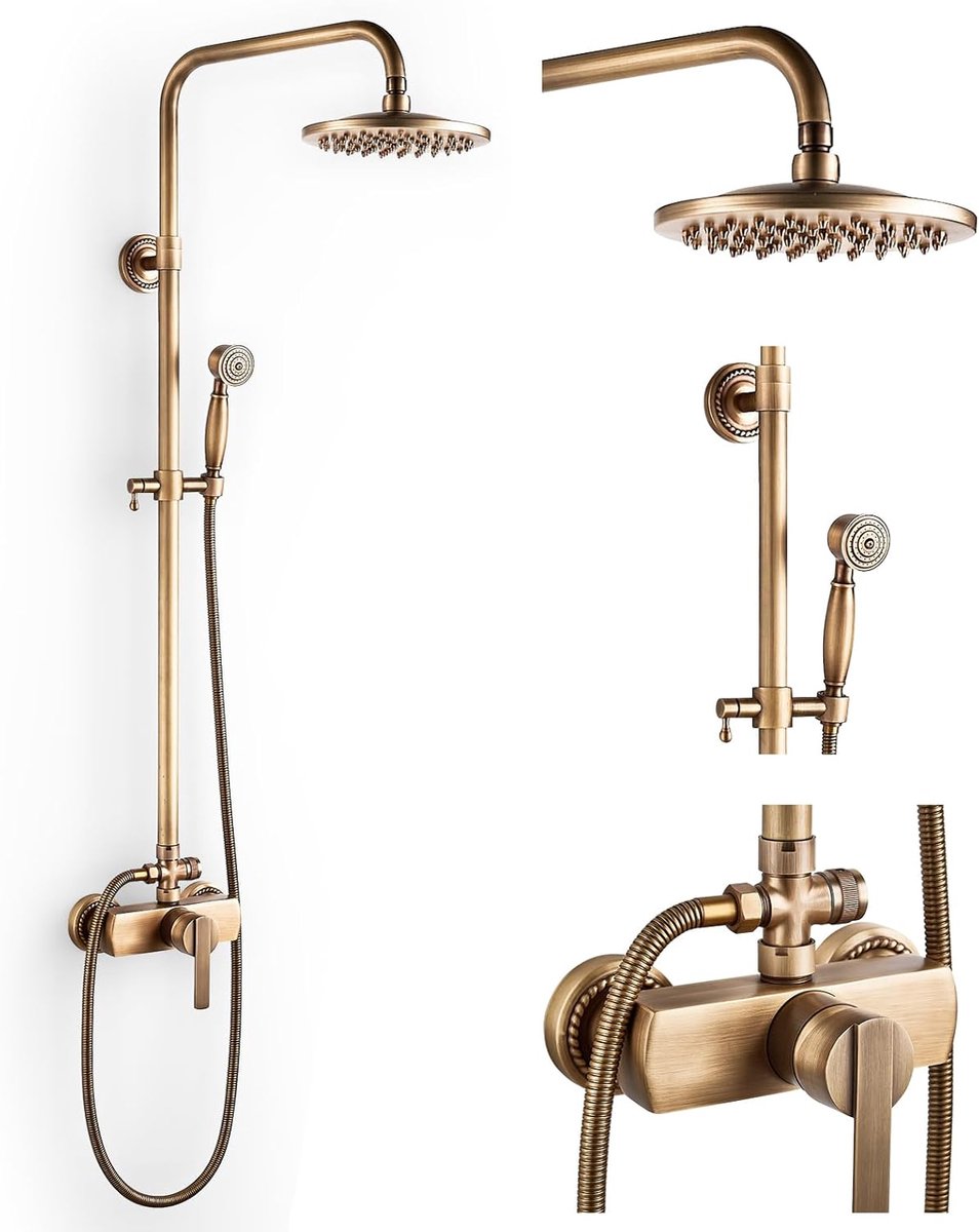 SnelShoppen - Antiek Messing Douchesysteem - Retro Douchekraan Set Goud - Vintage Douchearmatuur - 8 Inch Regendouche - Handdouchekop - Verstelbaar 70