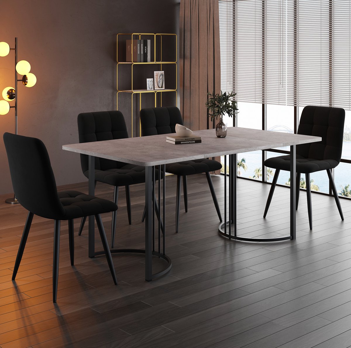 MEUNIQ eettafel met 4 stoelen set 140 x 80 cm, 5-delige eetkamerset met marmerlook tafelblad, zwarte metalen poten en fluwelen eetkamerstoelen