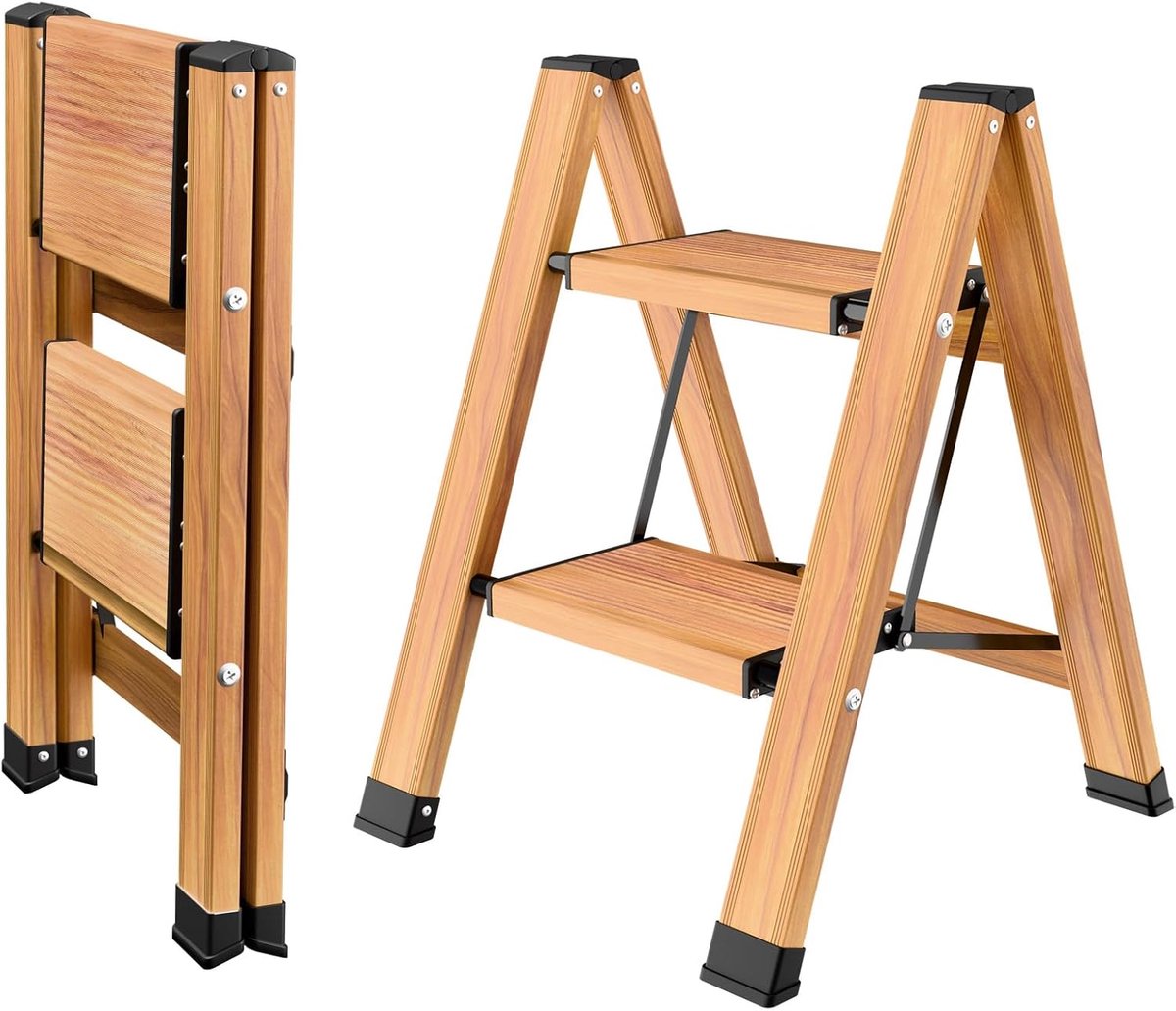 SnelShoppen - Inklapbare Trapladder 2 Treden Aluminium Vouwladder Antislip Huishoudladder Draagbaar Multifunctioneel Tot 150 kg Houtnerf Design Keuken