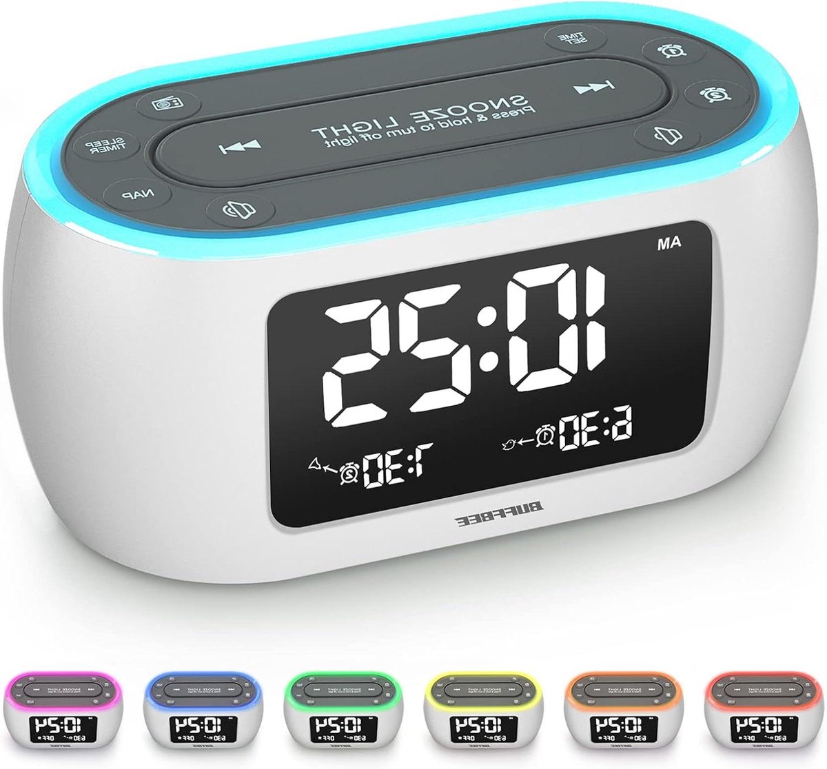 Digitale wekker - Nachtlamp radio - Wakker worden - 7 kleuren lamp - 12 x 6 cm - Wit