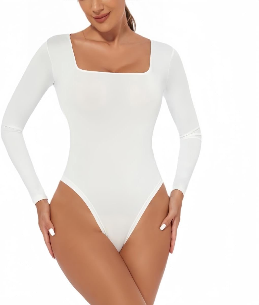 Dames lange mouw sexy vierkante hals bodysuit, casual jersey, elastische thong, slim fit jumpsuit voor uitgaan en ondergoed